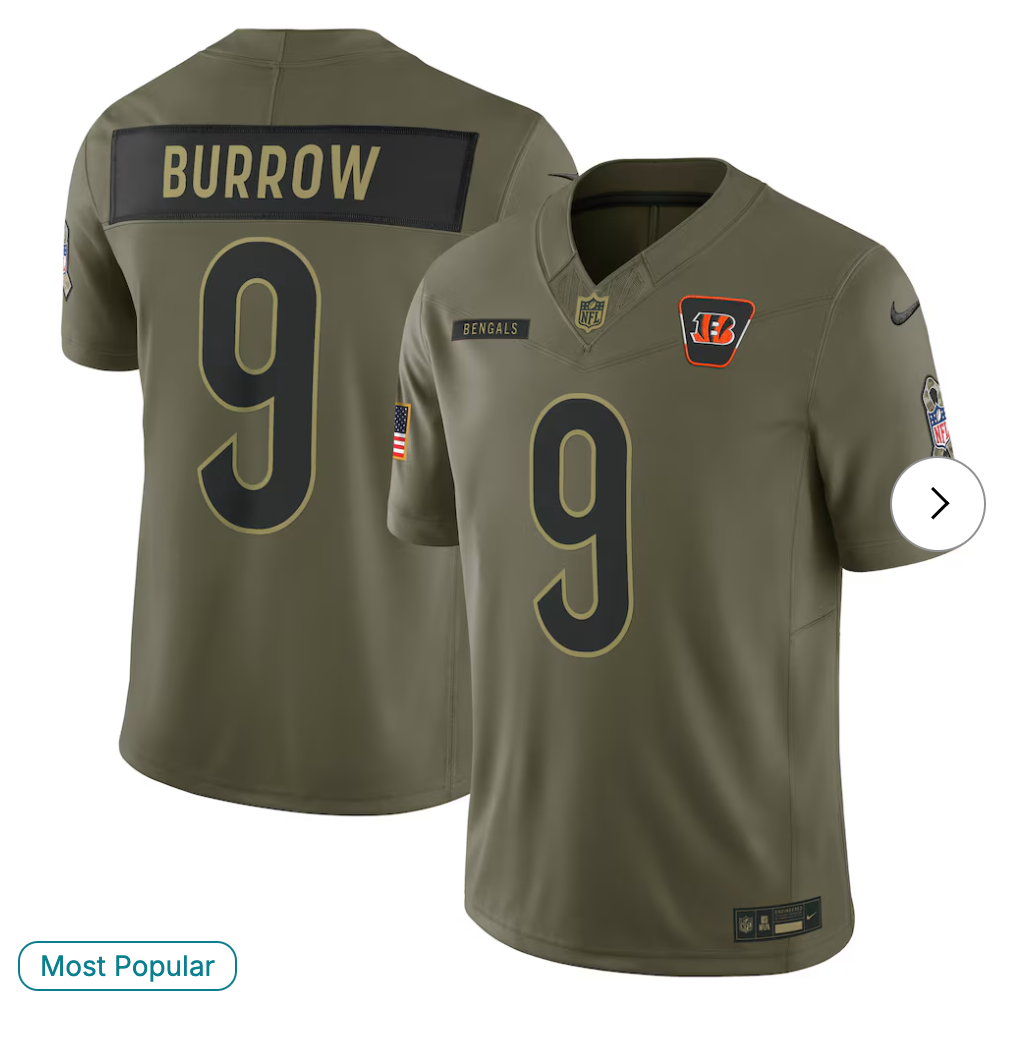 Joe Burrow Cincinnati Bengals NK 2025 Salute to Service Limited Jersey - Olive